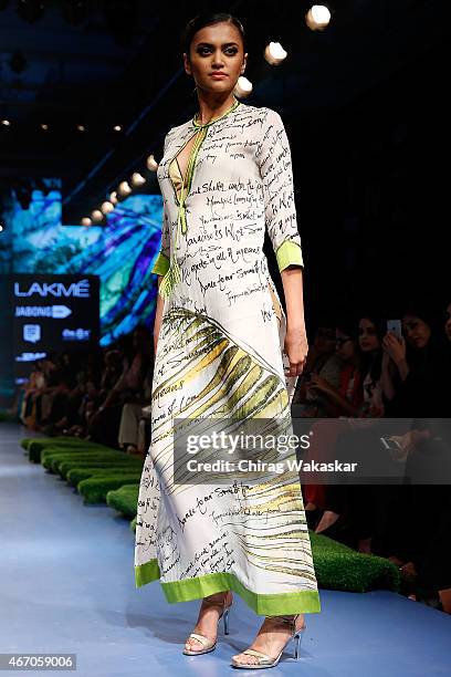 Model walks the runway during the SatyaPaul by Gauri Khan show on Day 3 of Lakme Fashion Week Summer/Resort 2015 at Palladium Hotel on March 20, 2015...