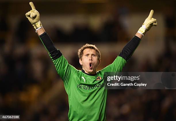 Tomasz Kuszczak of Wolves celebrates his team's second goal, an own goal by Lee Grant of Derby during the Sky Bet Championship match between...