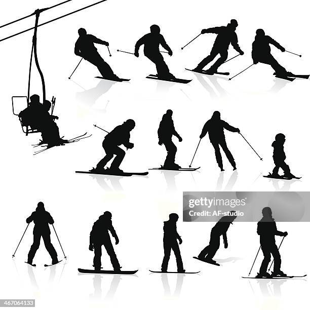 ski silhouettes - skier silhouette stock illustrations