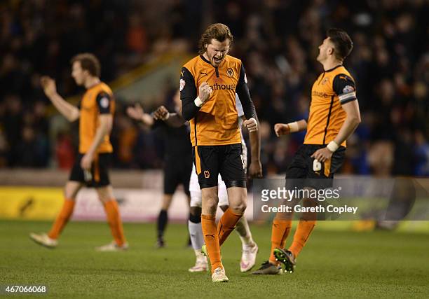 Richard Stearman of Wolves celebrates victory after the Sky Bet Championship match between Wolverhampton Wanderers and Derby County at Molineux on...
