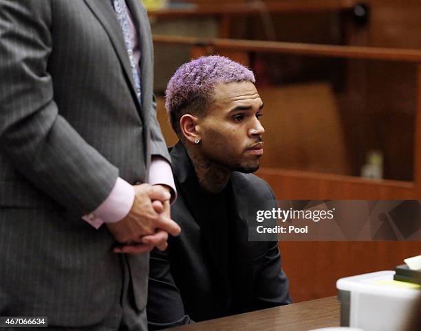 Singer Chris Brown and his lawyer Mark Geragos attend a progress hearing at Los Angeles Superior Court on MARCH 20, 2015 in Los Angeles, California....