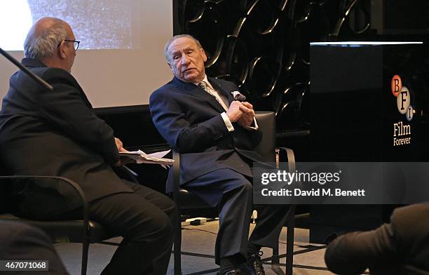 Mel Brooks and Alan Yentob speak onstage at the Mel Brooks BFI Fellowship Dinner at The May Fair Hotel on March 20, 2015 in London, England.