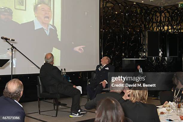 Mel Brooks and Alan Yentob speak onstage at the Mel Brooks BFI Fellowship Dinner at The May Fair Hotel on March 20, 2015 in London, England.