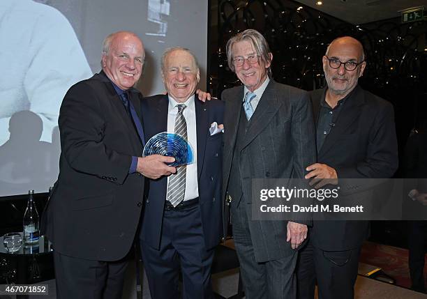 Chair Greg Dyke, Mel Brooks, Sir John Hurt and Alan Yentob attend the Mel Brooks BFI Fellowship Dinner at The May Fair Hotel on March 20, 2015 in...