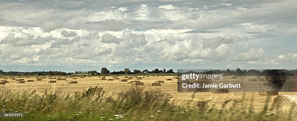 A panoramic view of a field with straw bales