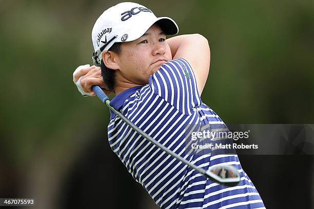 Yani Tseng of Taiwan plays an approach shot on the 18th hole during day one of the 2014 Ladies Masters at Royal Pines Resort on February 6, 2014 on...