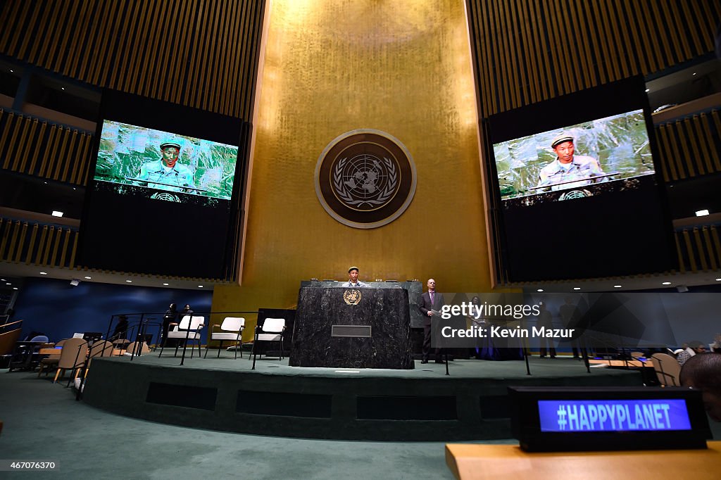 Pharrell Williams Speaks at the United Nations' General Assembly in Celebration of International Day of Happiness