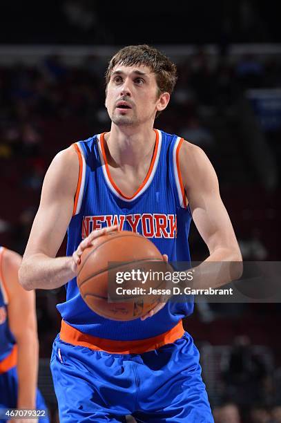 Alexey Shved of the New York Knicks shoots a foul shot against the Philadelphia 76ers at Wells Fargo Center on March 20, 2015 in Philadelphia,...