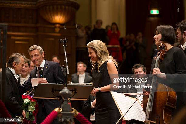 Latvian conductor Mariss Jansons meets Queen Maxima of The Netherlands after his final concert with the Royal Concertgebouw Orchestra on March 20,...