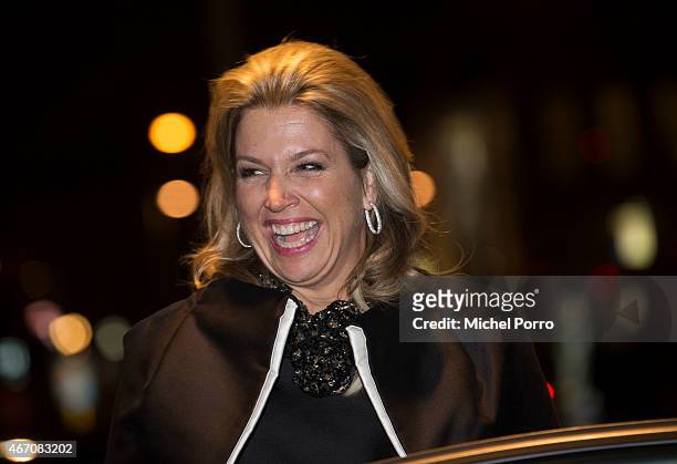 Queen Maxima of The Netherlands leaves after the final concert of Latvian conductor Mariss Jansons with the Royal Concertgebouw Orchestra on March...