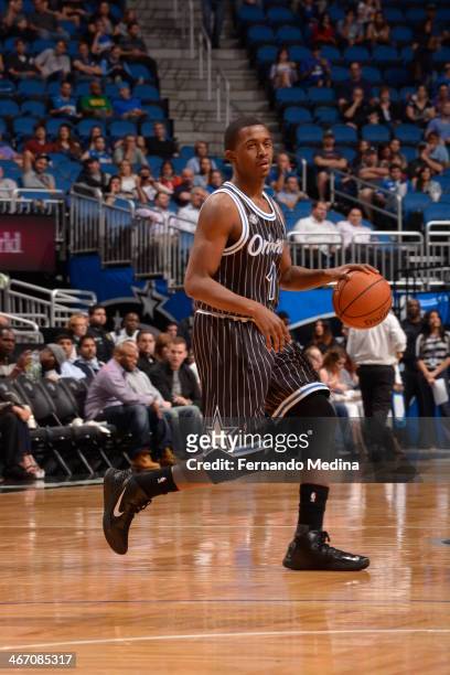 Doron Lamb of the Orlando Magic dribbles the ball against the Detroit Pistons during the game on February 5, 2014 at Amway Center in Orlando,...