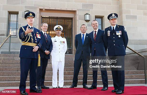 Chief of Defence Force, Air Chief Marshal Mark Binskin, Australian Opposition Leader Bill Shorten, Navy Commander Paul Cotter, Australian Prime...