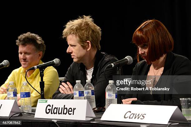 Musicians Mac McCaughan and Britt Daniel and Karen Glauber, President of Hits Magazine speak onstage at 'I Wrote That Song' during the 2015 SXSW...