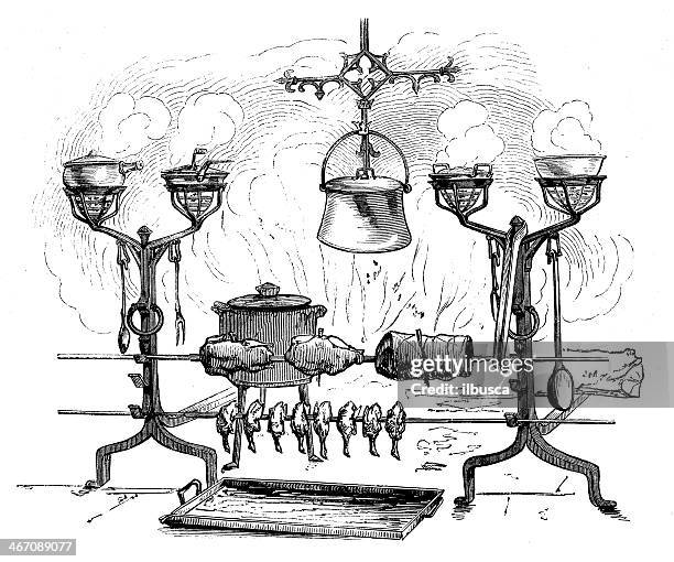 stockillustraties, clipart, cartoons en iconen met antique illustration of medieval barbecue - spies