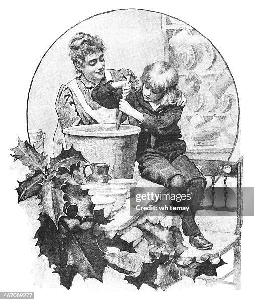mother and son stirring the christmas pudding mixture - mixing bowl stock illustrations