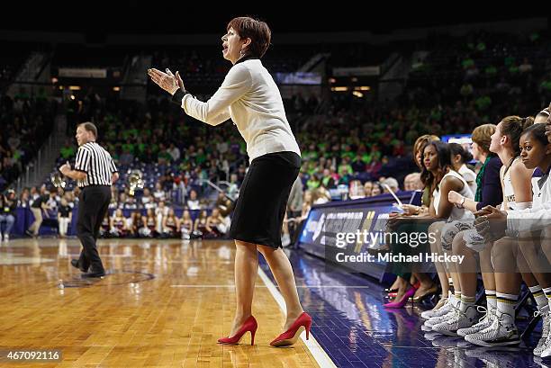 Head coach Muffet McGraw of the Notre Dame Fighting Irish watches the game against the Montana Lady Grizzlies during the first round of the NCAA...