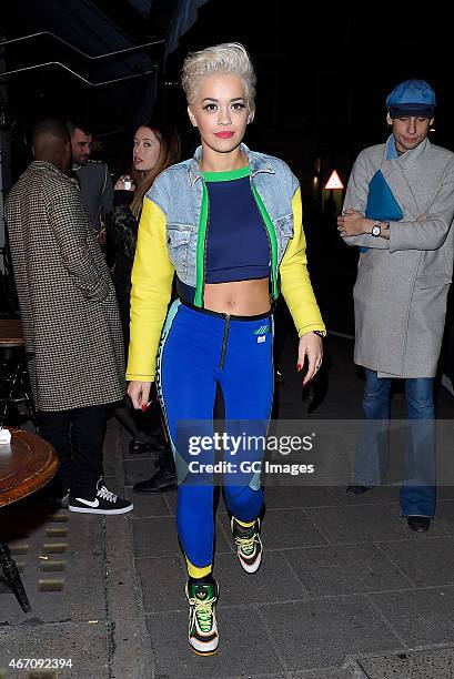 Rita Ora enjoys is seen at Little House restaurant and bar in Mayfair on March 20, 2015 in London, England.