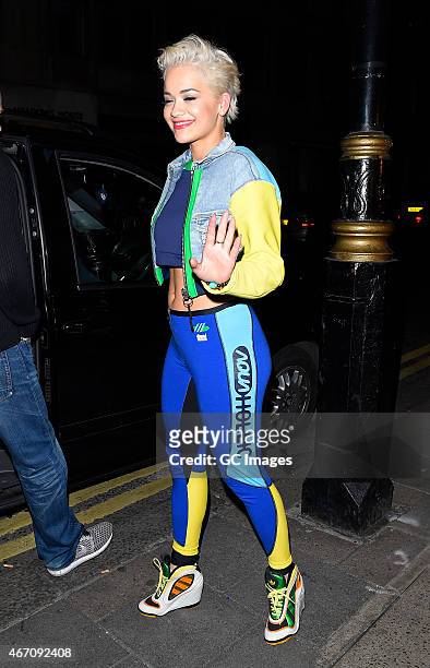 Rita Ora enjoys is seen at Little House restaurant and bar in Mayfair on March 20, 2015 in London, England.