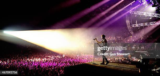 Alex Gaskarth of All Time Low performs on stage at Wembley Arena on March 20, 2015 in London, United Kingdom.