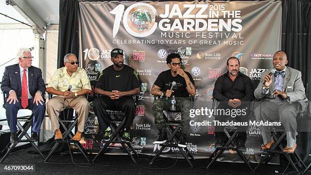 William Talbert, Al Tucker, Rickey Smiley, DL Hughley, Scott Gartner and Miami Gardens Mayor Oliver Gilbert attend JAZZ in The Gardens Press...