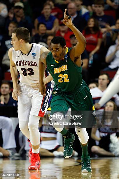 Kory Brown of the North Dakota State Bison reacts after a play against the Gonzaga Bulldogs in the first half of the game during the second round of...