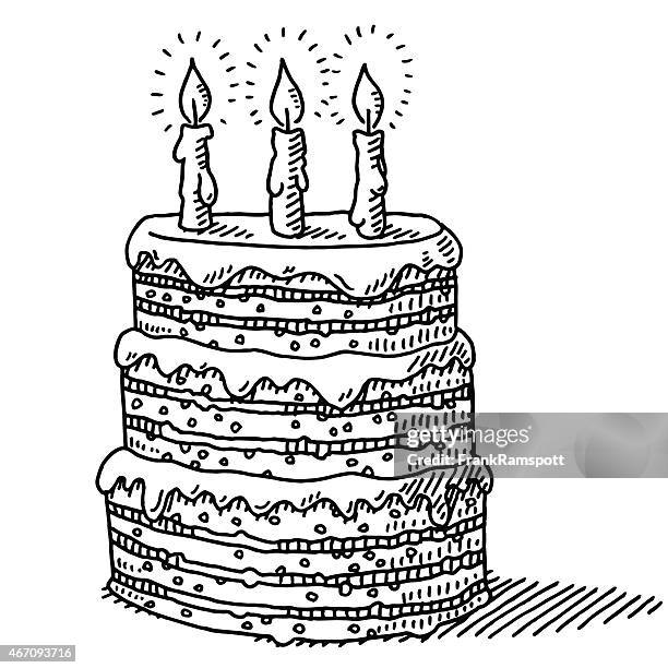 big geburtstagstorte mit drei kerzen auf zeichnung - cake stock-grafiken, -clipart, -cartoons und -symbole