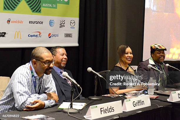 Rob Fields, Bevis Griffin, LaRonda Davis, and Greg Tate speak onstage at 'Deep Roots of Rock: Making Rock Relevant Again' during the 2015 SXSW Music,...