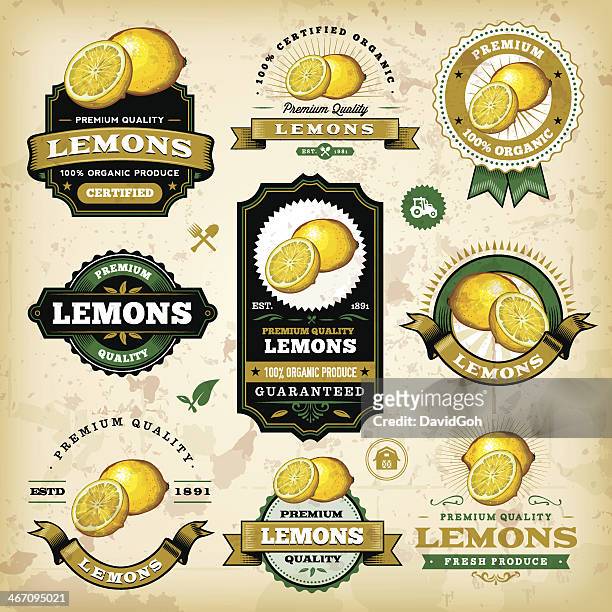 ilustraciones, imágenes clip art, dibujos animados e iconos de stock de vintage etiquetas de limón - limón