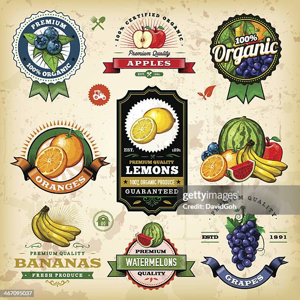 stockillustraties, clipart, cartoons en iconen met assorted fruit labels - apple