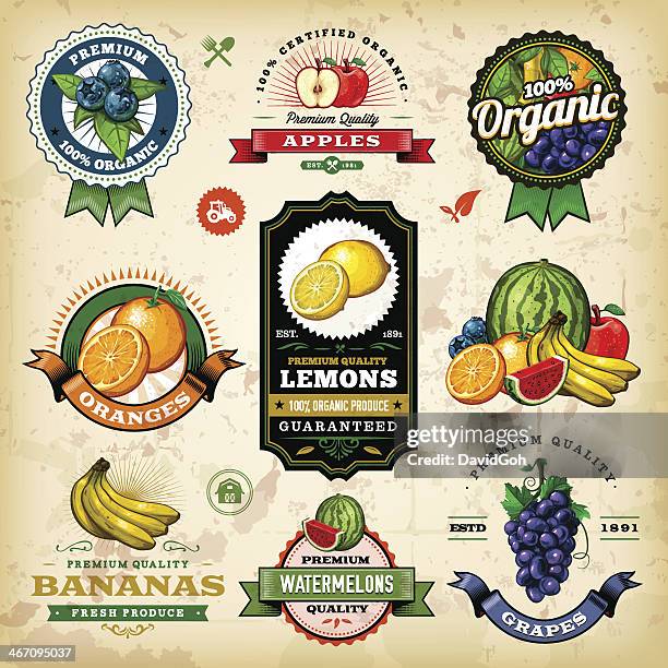 assorted fruit labels - apple fruit stock illustrations