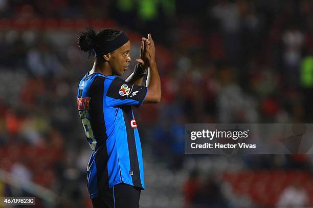 Ronaldinho of Queretaro celebrates after a victory in a match between Queretaro and Atlas as part of 11th round Clausura 2015 Liga MX at Corregidora...