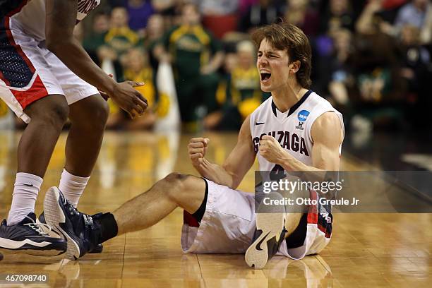 Kevin Pangos of the Gonzaga Bulldogs reacts after a play in the second half of the game against the North Dakota State Bison during the second round...