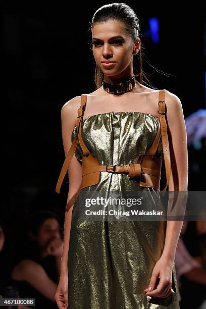 Model walks the runway during the Nikhil Thampi show on day 3 as part of Lakme Fashion Week Summer/Resort 2015 at Palladium Hotel on March 20, 2015...