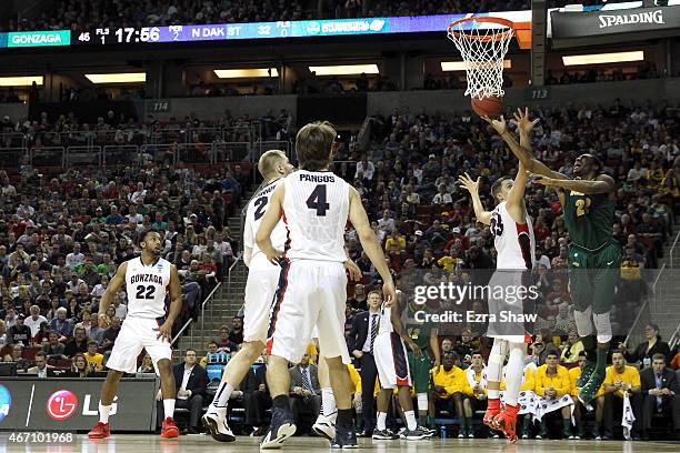 Kory Brown of the North Dakota State Bison shoots the ball against Kyle Wiltjer of the Gonzaga Bulldogs in the second half of the game during the...