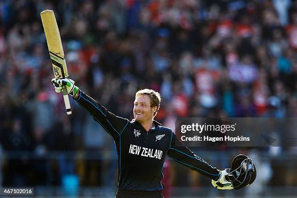 Martin Guptill of New Zealand celebrates his double century during the 2015 ICC Cricket World Cup match between New Zealand and the West Indies at...