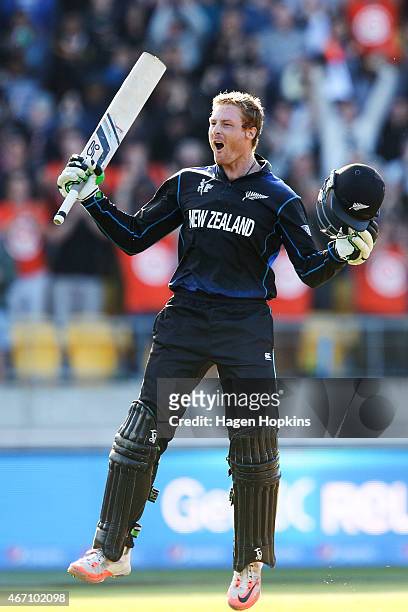 Martin Guptill of New Zealand celebrates his double century during the 2015 ICC Cricket World Cup match between New Zealand and the West Indies at...