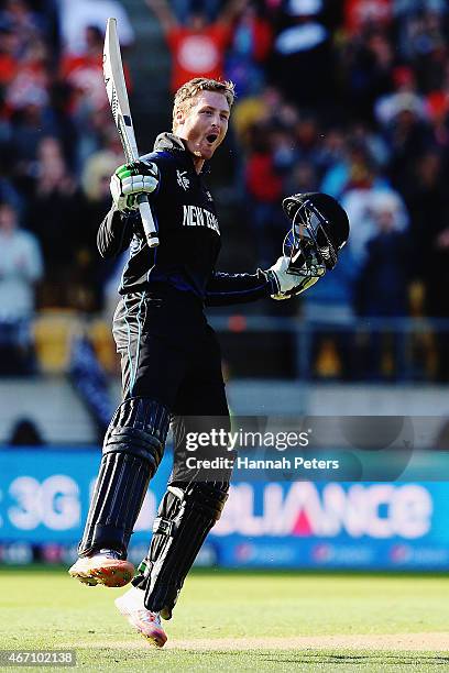 Martin Guptill of New Zealand celebrates after scoring 200 runs during the 2015 ICC Cricket World Cup match between New Zealand and the West Indies...