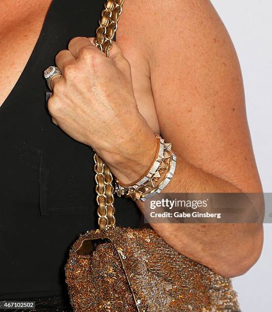Actress Kyle Richards, ring, bracelet detail, arrives at the "One Night For ONE DROP" blue carpet event at 1 OAK Nightclub at The Mirage Hotel &...