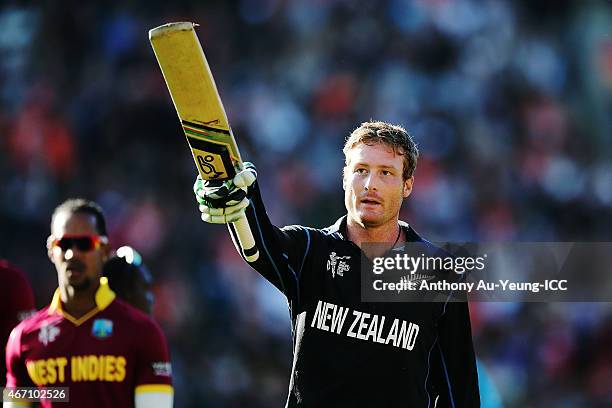 Martin Guptill of New Zealand celebrates as he comes off the field after scoring 237 runs not out during the 2015 ICC Cricket World Cup match between...