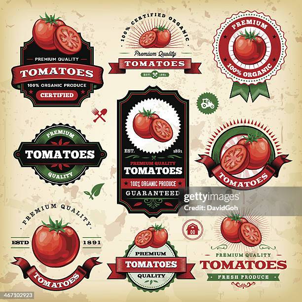 ilustraciones, imágenes clip art, dibujos animados e iconos de stock de vintage etiquetas de tomate - tomato stock illustrations