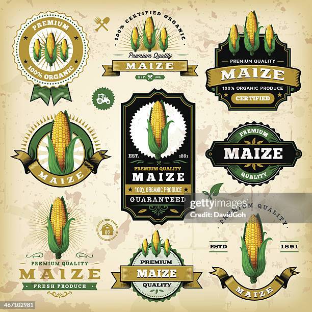 vintage maize labels - corn on the cob stock illustrations