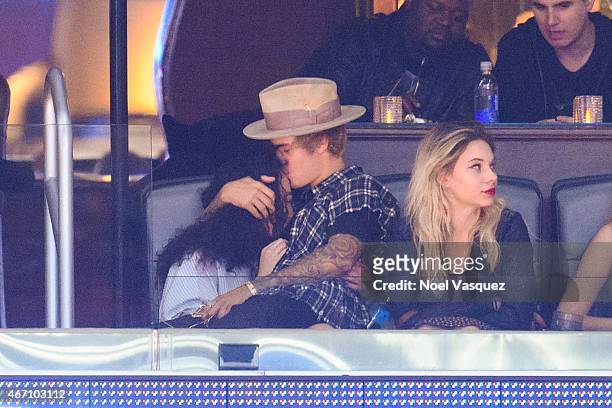 Ashley Moore Justin Bieber attend a basketball game between Washington Wizards and the Los Angeles Clippers at Staples Center on March 20, 2015 in...