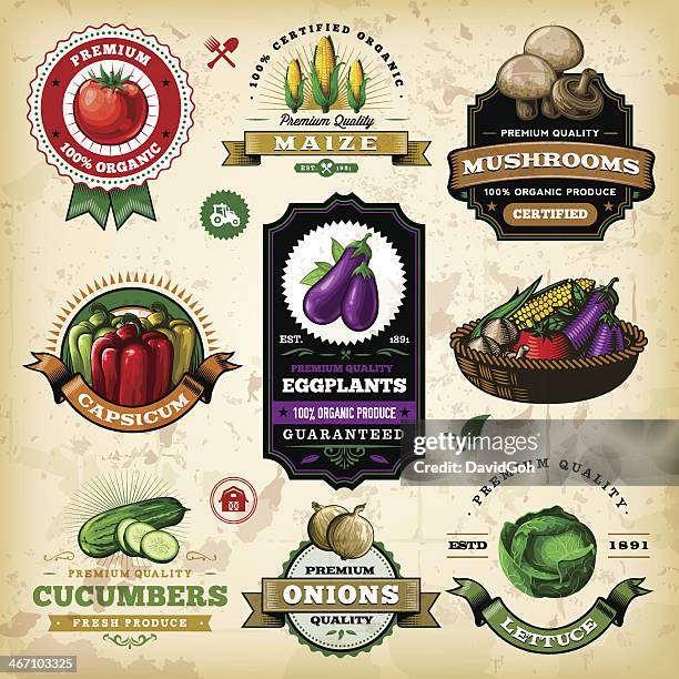 stockillustraties, clipart, cartoons en iconen met assorted vegetable labels - mushroom types