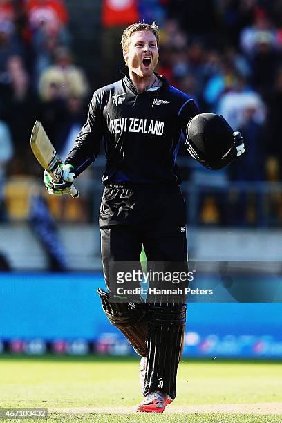 Martin Guptill of New Zealand celebrates after scoring 200 runs during the 2015 ICC Cricket World Cup match between New Zealand and the West Indies...
