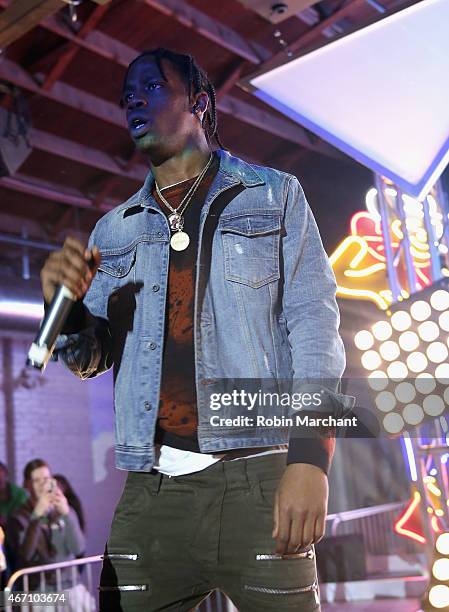 Travi$ Scott performs at Tumblr IRL Presents Travi$ Scott At SXSW, With Art By Marc Kalman And Corey Damon Black on March 20, 2015 in Austin, Texas.