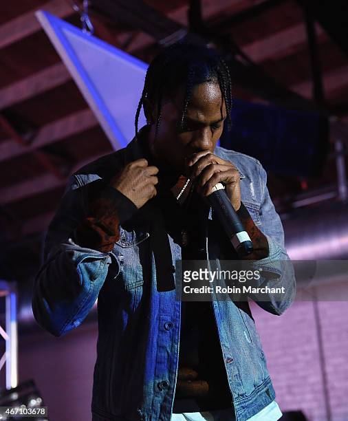 Travi$ Scott performs at Tumblr IRL Presents Travi$ Scott At SXSW, With Art By Marc Kalman And Corey Damon Black on March 20, 2015 in Austin, Texas.