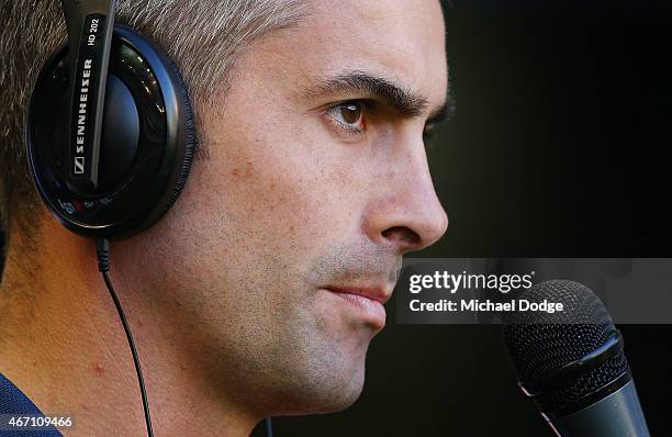 Bulldogs assistant coach Daniel Giansiracusa speaks to media during the NAB Challenge AFL match between the Western Bulldogs and the Collingwood...