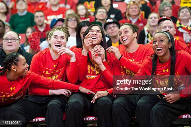 From left, Maryland Terrapins guard Brene Moseley , Maryland Terrapins forward Tierney Pfirman , Maryland Terrapins center Brionna Jones , Maryland...