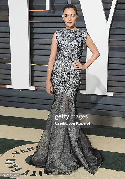 Actress Italia Ricci arrives at the 2015 Vanity Fair Oscar Party Hosted By Graydon Carter at Wallis Annenberg Center for the Performing Arts on...