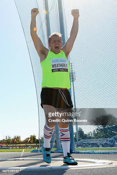 Ned Weatherly of Australia celebrates a throw in the Men's Hammer Throw during the IAAF Melbourne World Challenge at Lakeside Stadium on March 21,...